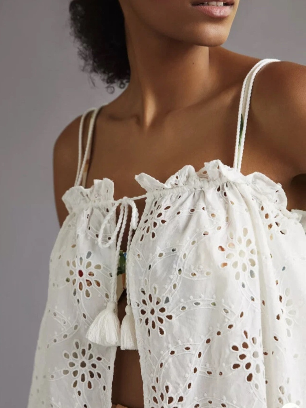 ONE SIZE lANTHROPOLOGIE MAEVE EYELET LACE TOP Eyelet Tassel-Front